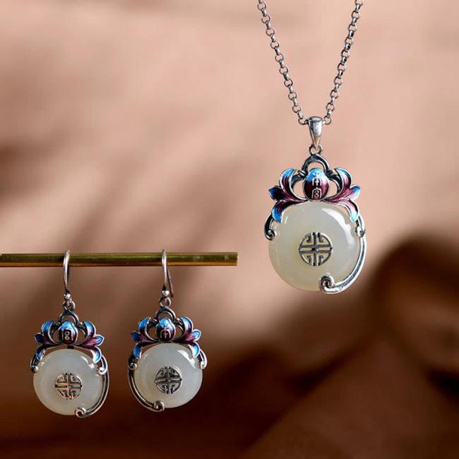 Necklaces & Pendants | 925 Sterling Silver Round Flower Hetian Jade Luck Necklace Pendant Earrings Set Earrings Earrings