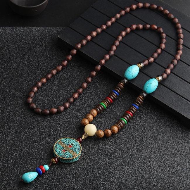 Necklaces & Pendants | Turquoise Dzi Bead Prayer Wheel Wenge Wood Meditation Necklace Jewelry Necklaces & Pendants