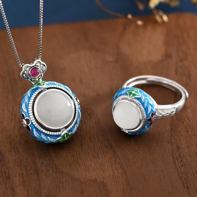 Rings | 925 Sterling Silver Blue Enamel Round Hetian Jade Luck Necklace Pendant Ring Set Jewelry Necklaces & Pendants