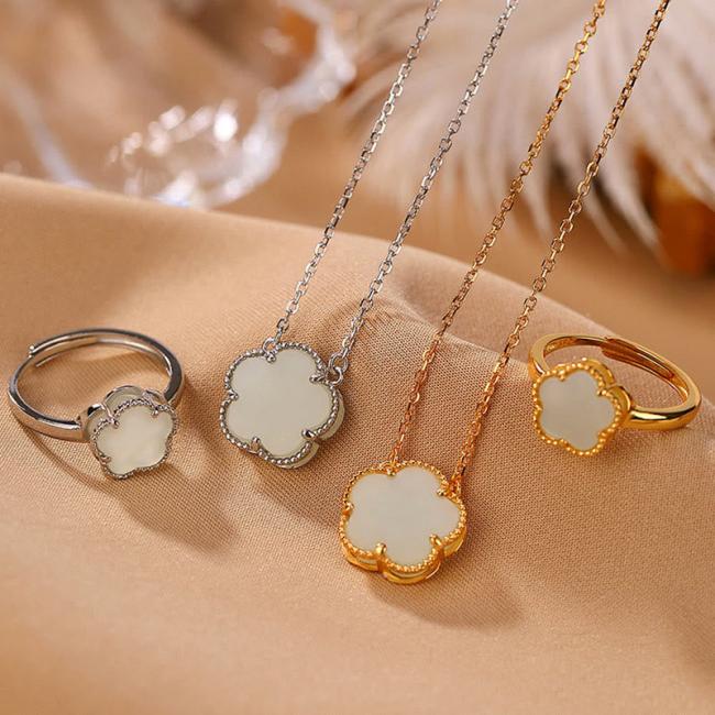 Rings | 925 Sterling Silver Plated Gold Natural Hetian Jade Flower Luck Necklace Pendant Ring Set Jewelry Necklaces & Pendants