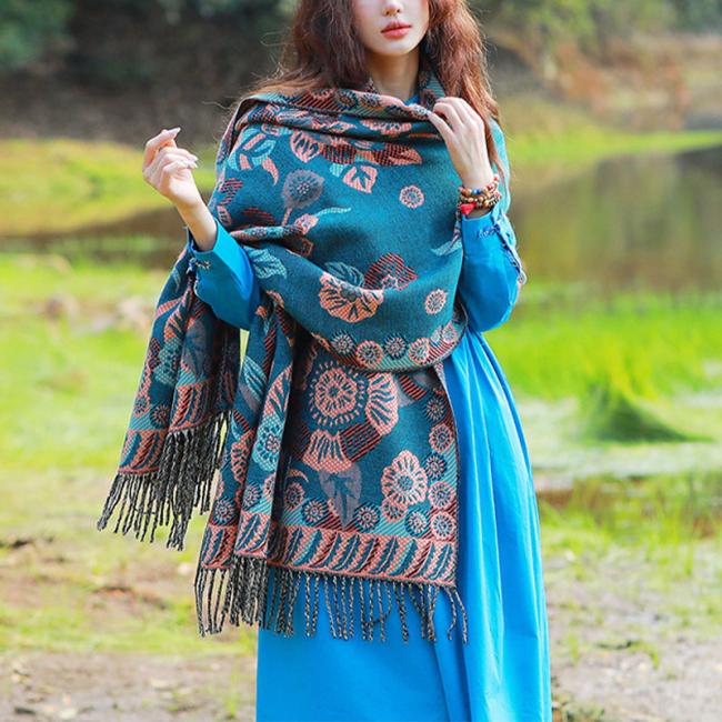 Scarves+ Shawls | Tibetan Flower Floral Leaves Pattern Design Shawl Cozy Travel Scarf Wrap Accessories Scarves+ Shawls