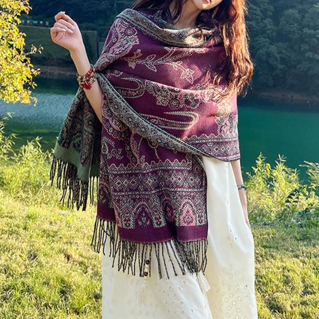 Scarves+ Shawls | Vintage Tibetan Leaves Pattern Design Shawl Cozy Travel Scarf Wrap Accessories Scarves+ Shawls