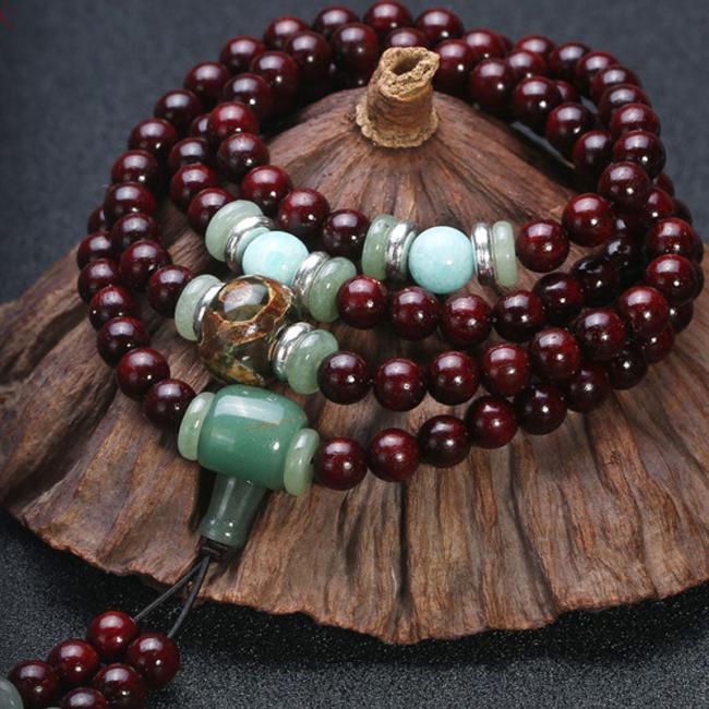 Wood Malas | 108 Beads Small Leaf Red Sandalwood Green Aventurine Amazonite Luck Healing Bracelet Mala Mala Beads Wood Malas