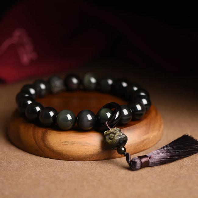 Wrist Malas | Natural Black Obsidian Lion Wrist Mala Protection Tassels Pocket Mala Car Decoration Mala Beads Wrist Malas