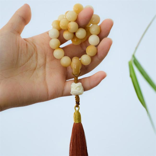 Wrist Malas | Natural Bodhi Seed Ivory Fruit Dancing Lion Charm Harmony Tassel Wrist Mala Mala Beads Wrist Malas