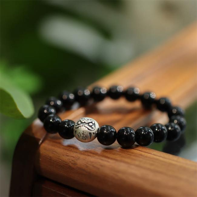 Bracelets | 925 Sterling Silver Black Onyx Bead Character Engraved Protection Bracelet Bracelets Bracelets