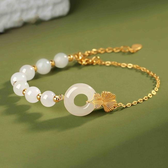 Bracelets | 925 Sterling Silver Hetian White Jade Peace Buckle Ginkgo Leaf Luck Bracelet Bracelets Bracelets