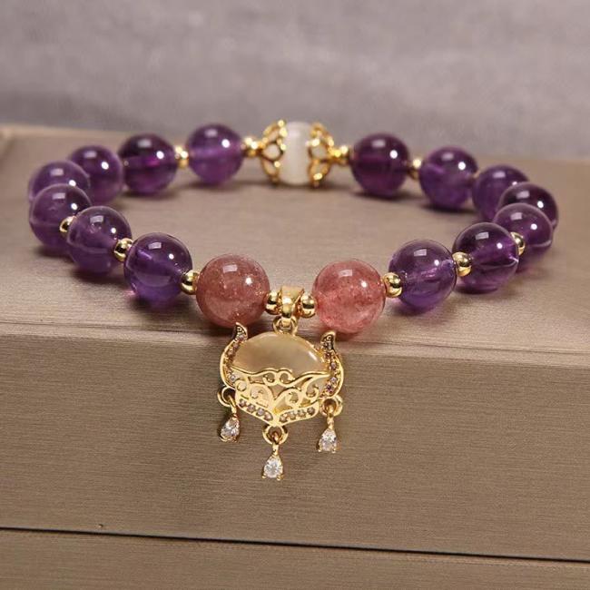 Bracelets | Natural Amethyst Strawberry Quartz Cat Eye Chinese Lock Charm Healing Bracelet Bracelets Bracelets