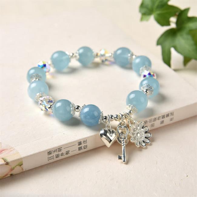 Bracelets | 925 Sterling Silver Natural Aquamarine Serenity Flower Love Key Charm Bracelet Bracelets Bracelets